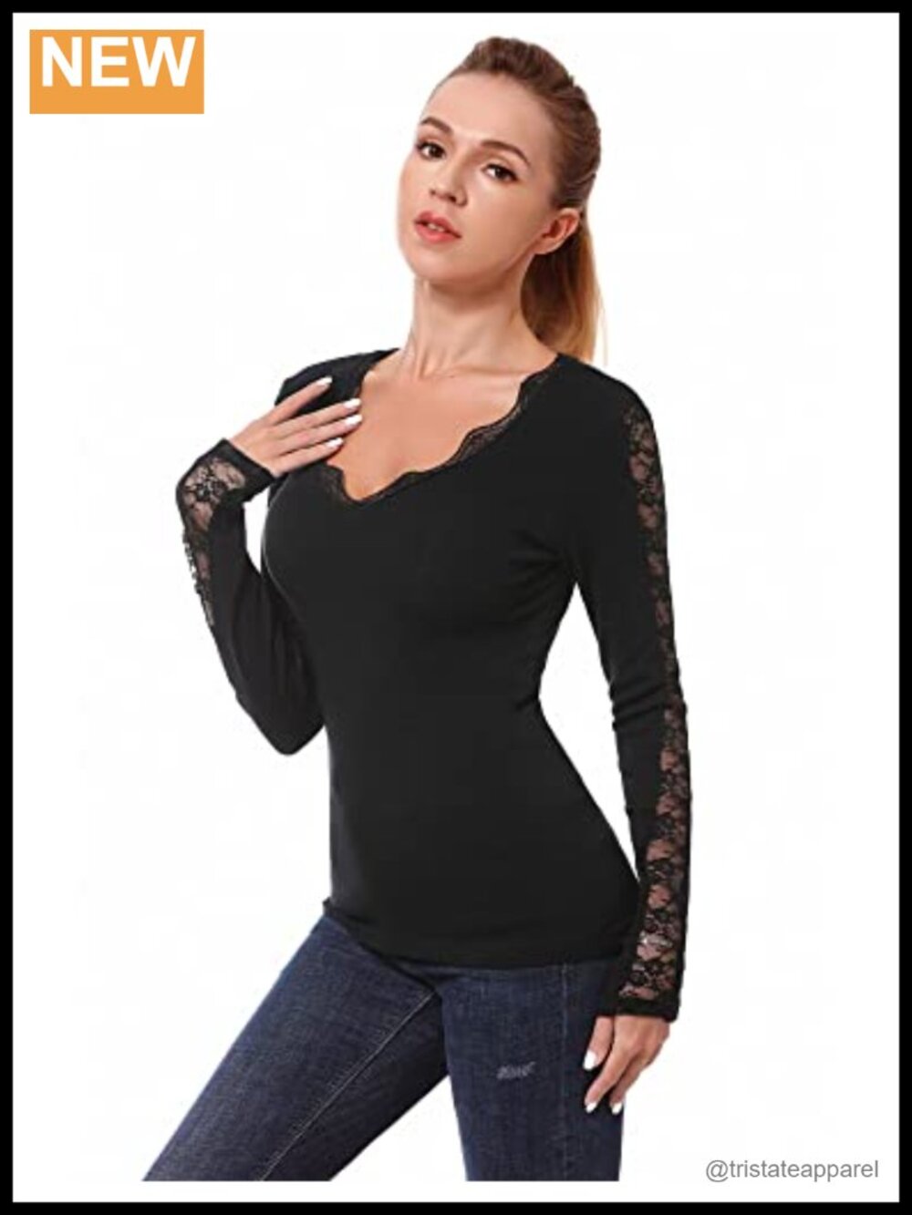 Women's Lace Trim Long Sleeve Blouse V-Neck Fitted Cotton Spandex Top